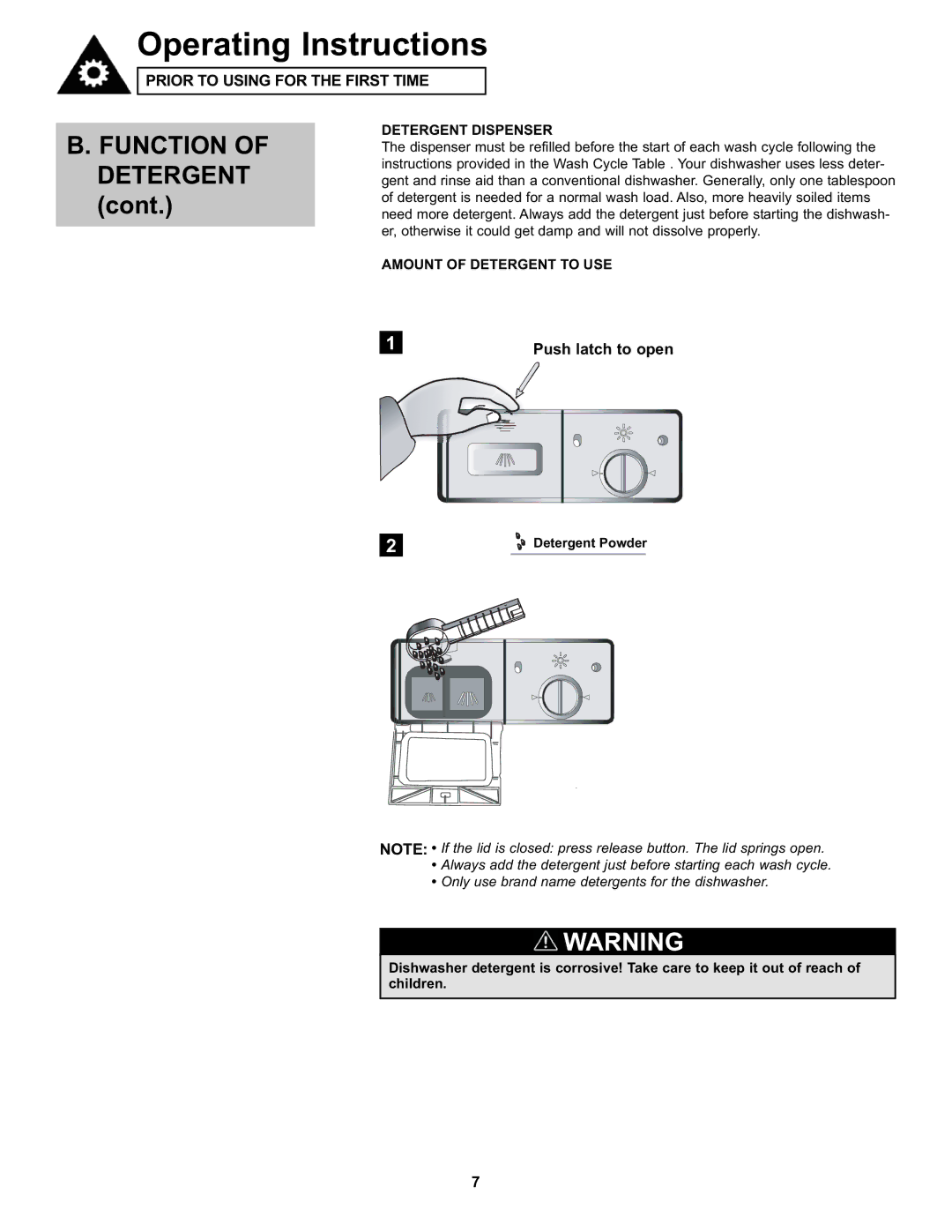 Danby DDW611WLED manual FUNCTION OF Detergent, Detergent Dispenser, Amount Of Detergent To Use, Push latch to open 